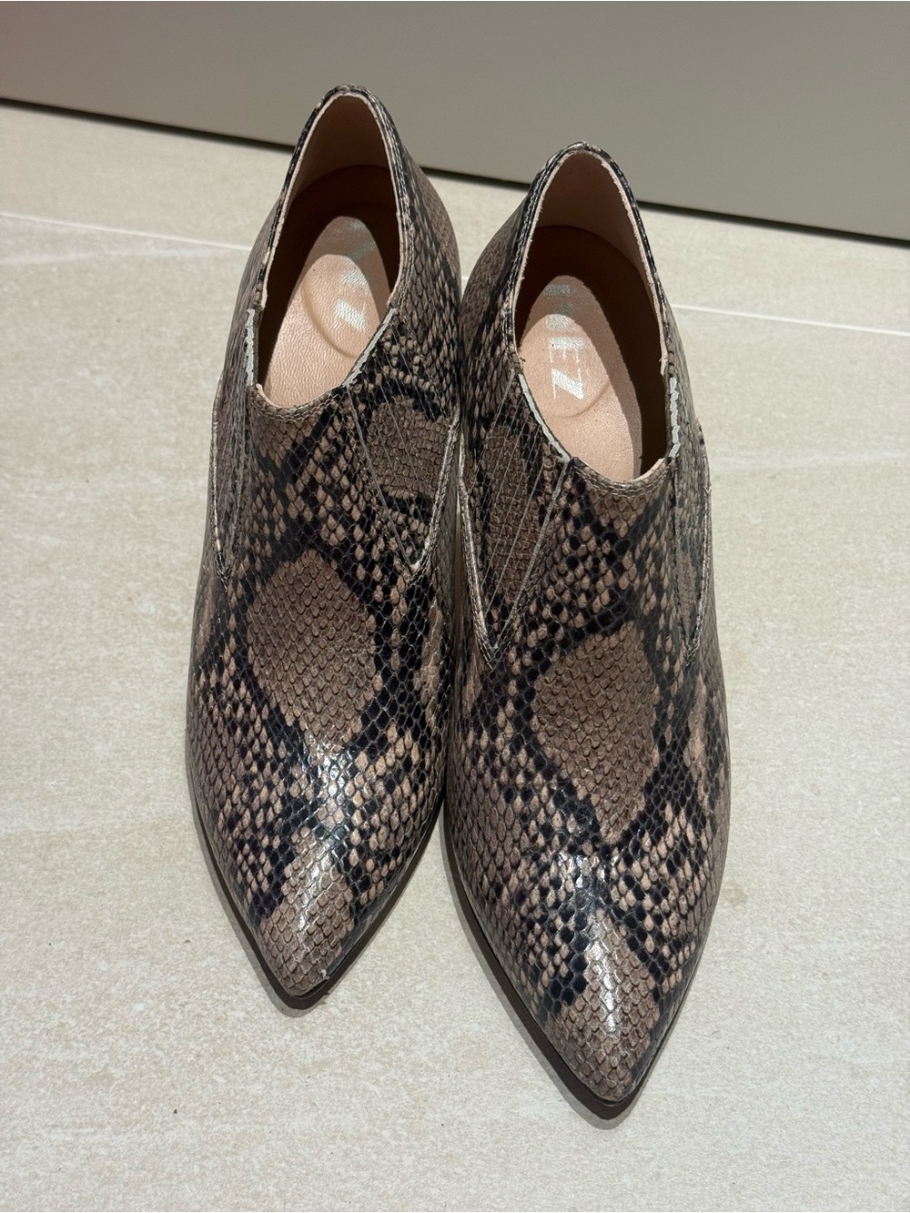 Pointed Toe Snake-Print Ankle Booties - Brown